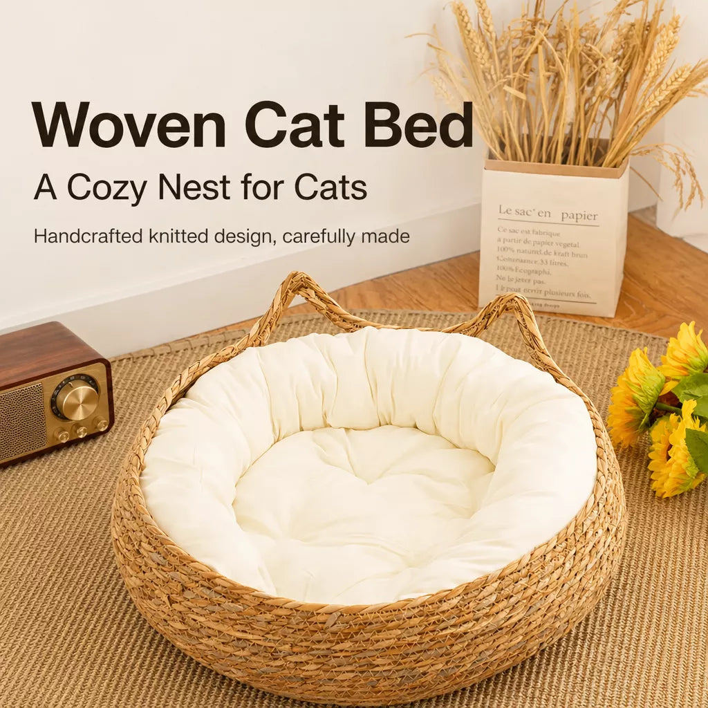 Woven Cat-Ear Pet Bed for Cats and Small Dogs