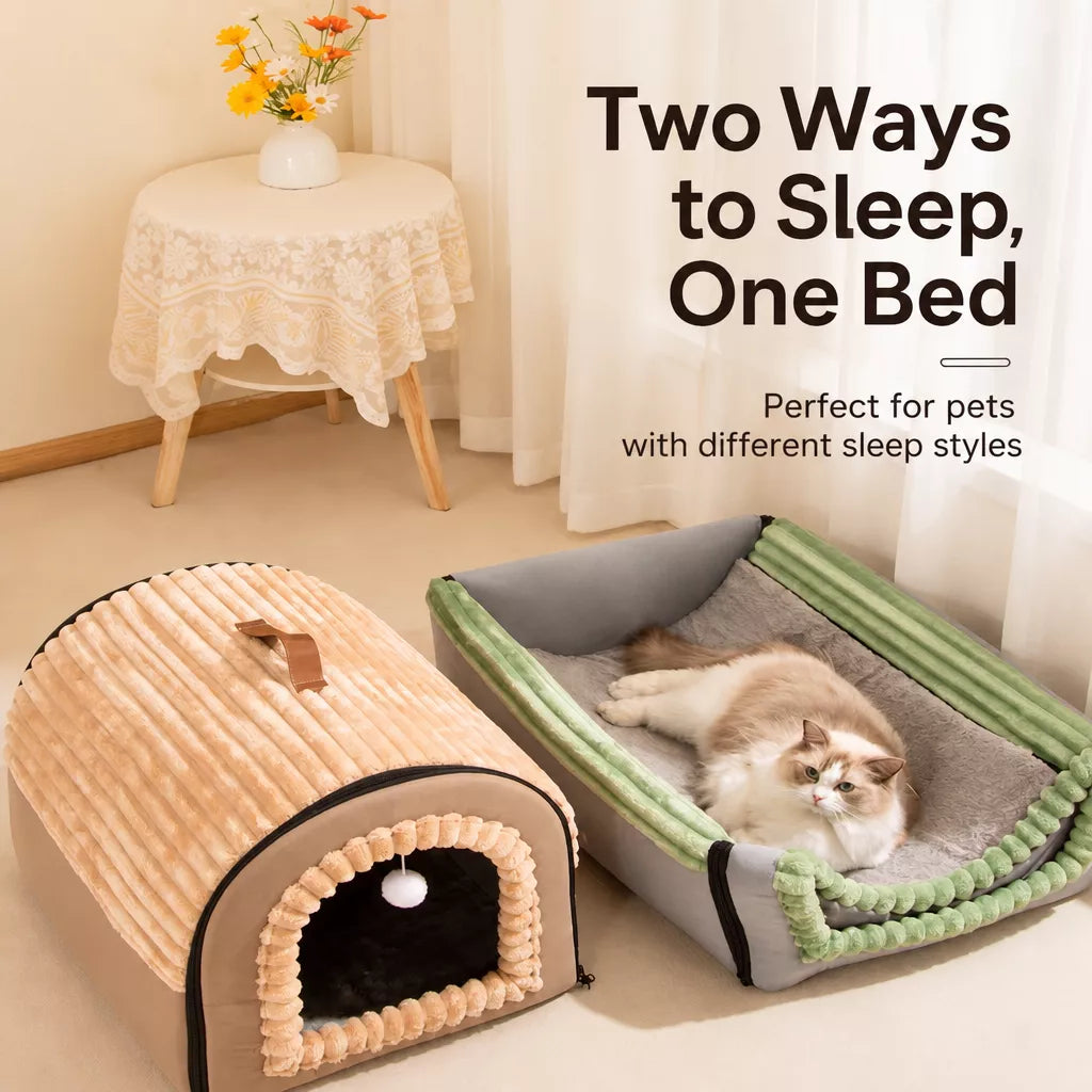 Enclosed House-Style Pet Bed for Cats and Dogs