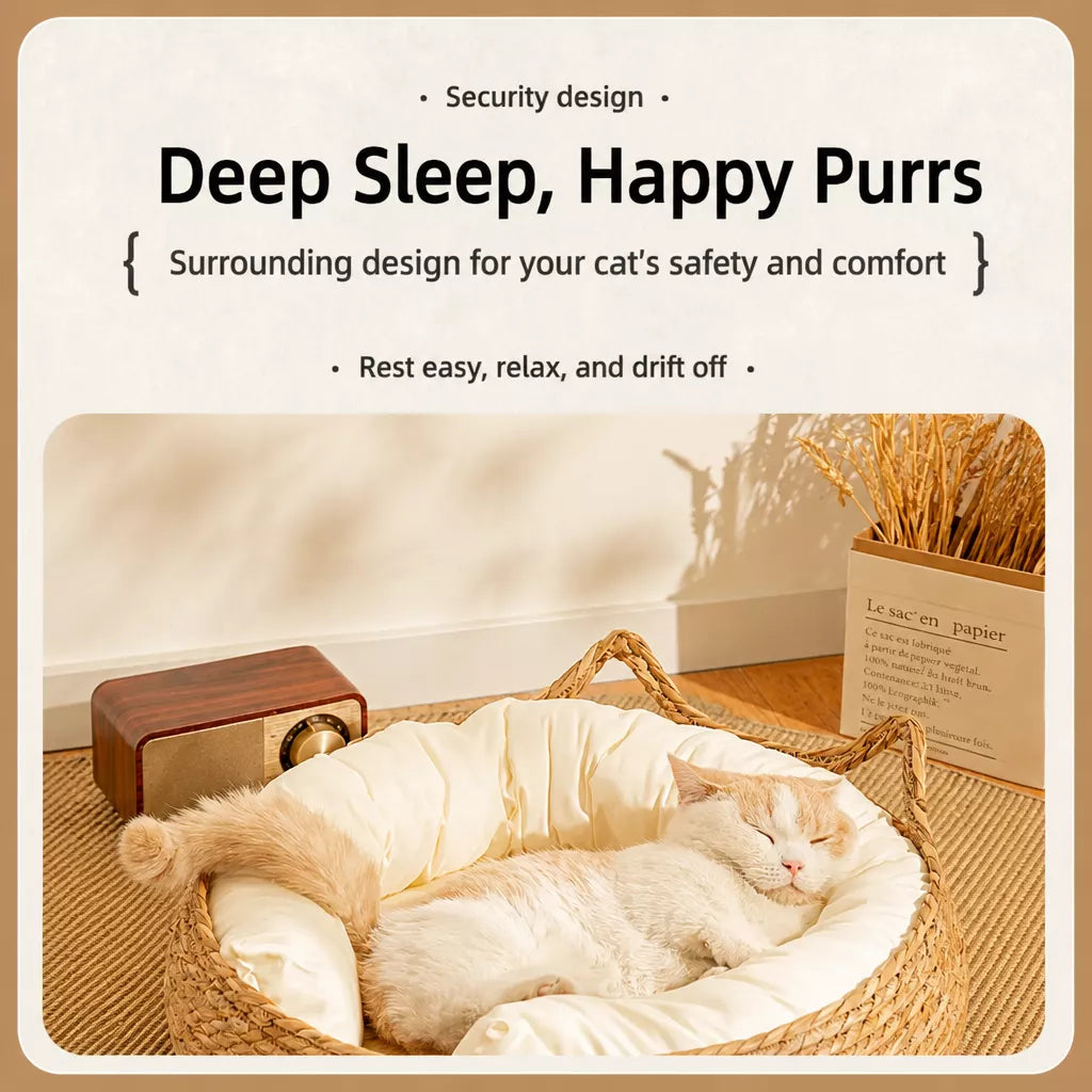 Woven Cat-Ear Pet Bed for Cats and Small Dogs