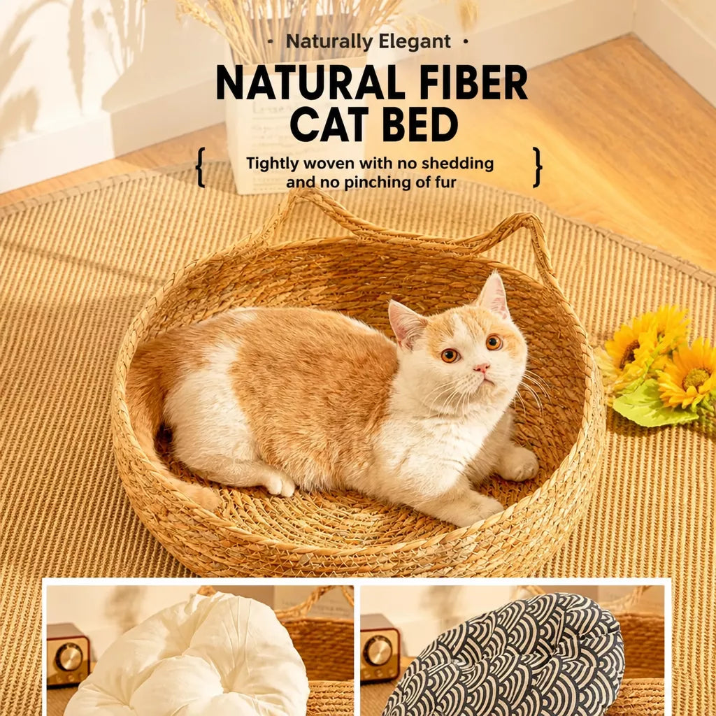 Woven Cat-Ear Pet Bed for Cats and Small Dogs