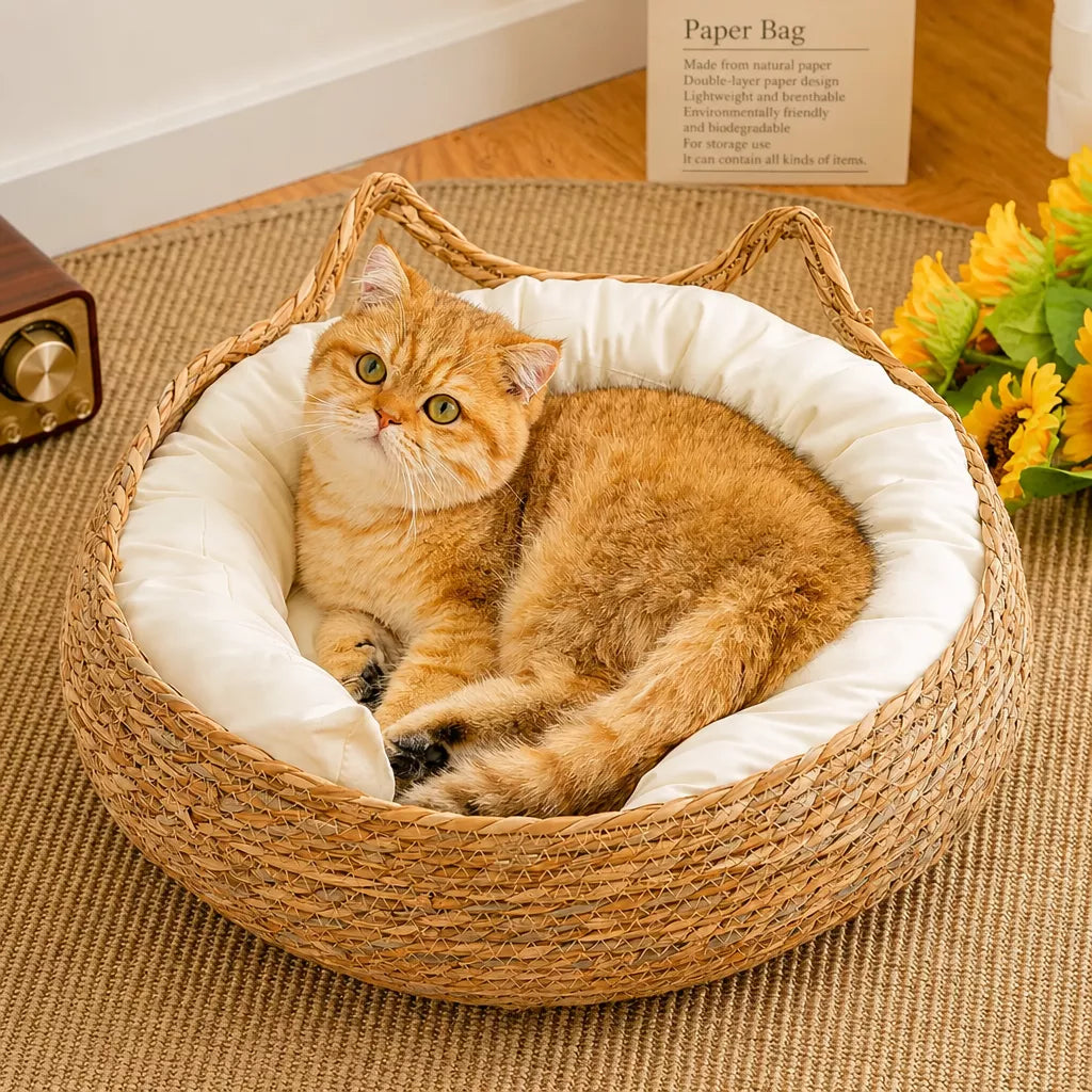 Woven Cat-Ear Pet Bed for Cats and Small Dogs