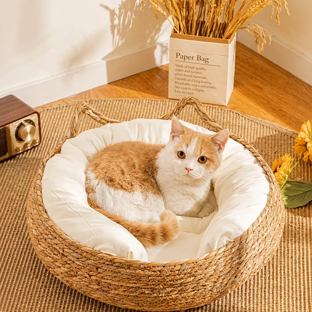 Woven Cat-Ear Pet Bed for Cats and Small Dogs