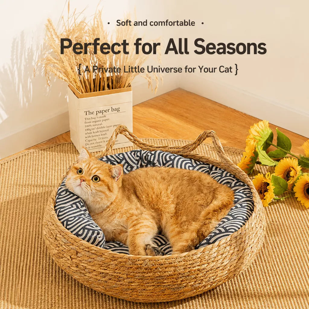 Woven Cat-Ear Pet Bed for Cats and Small Dogs