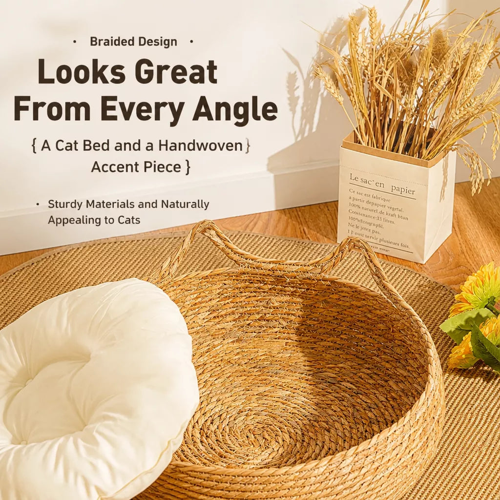 Woven Cat-Ear Pet Bed for Cats and Small Dogs