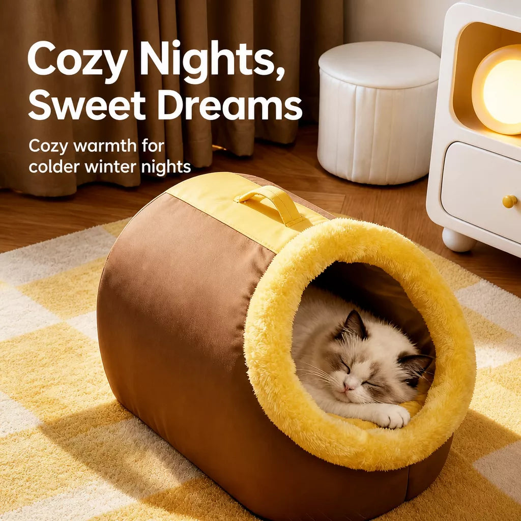 Enclosed Plush Cave Pet Bed for Cats and Small Dogs