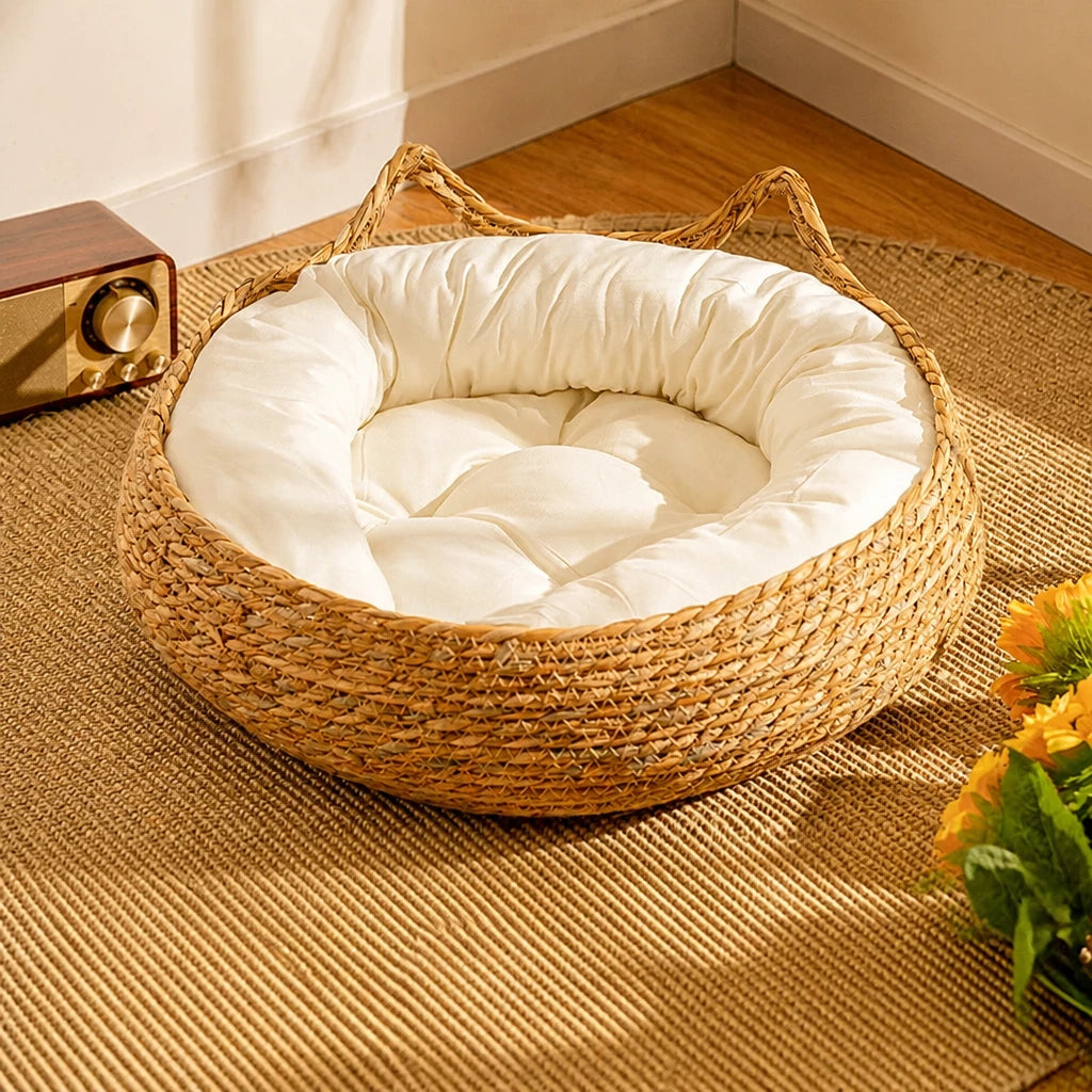 Woven Cat-Ear Pet Bed for Cats and Small Dogs
