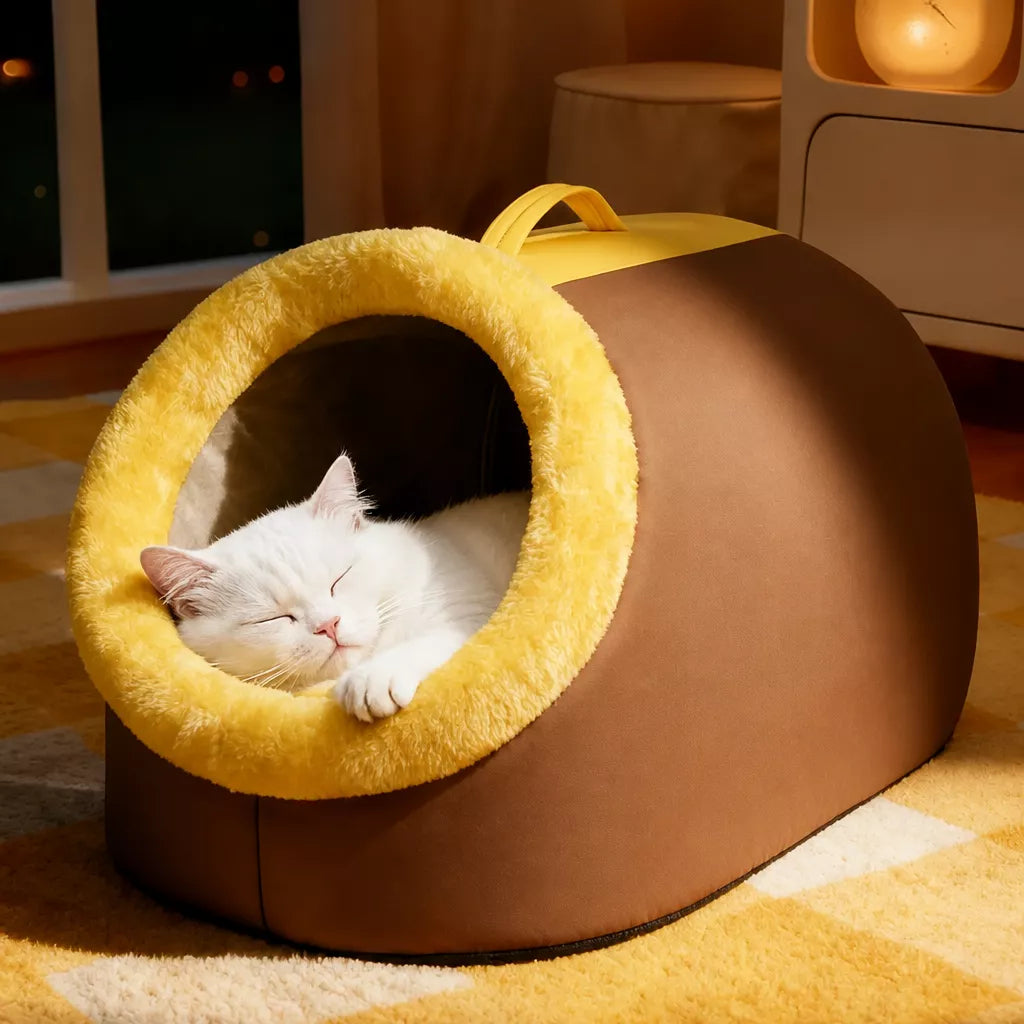 Enclosed Plush Cave Pet Bed for Cats and Small Dogs