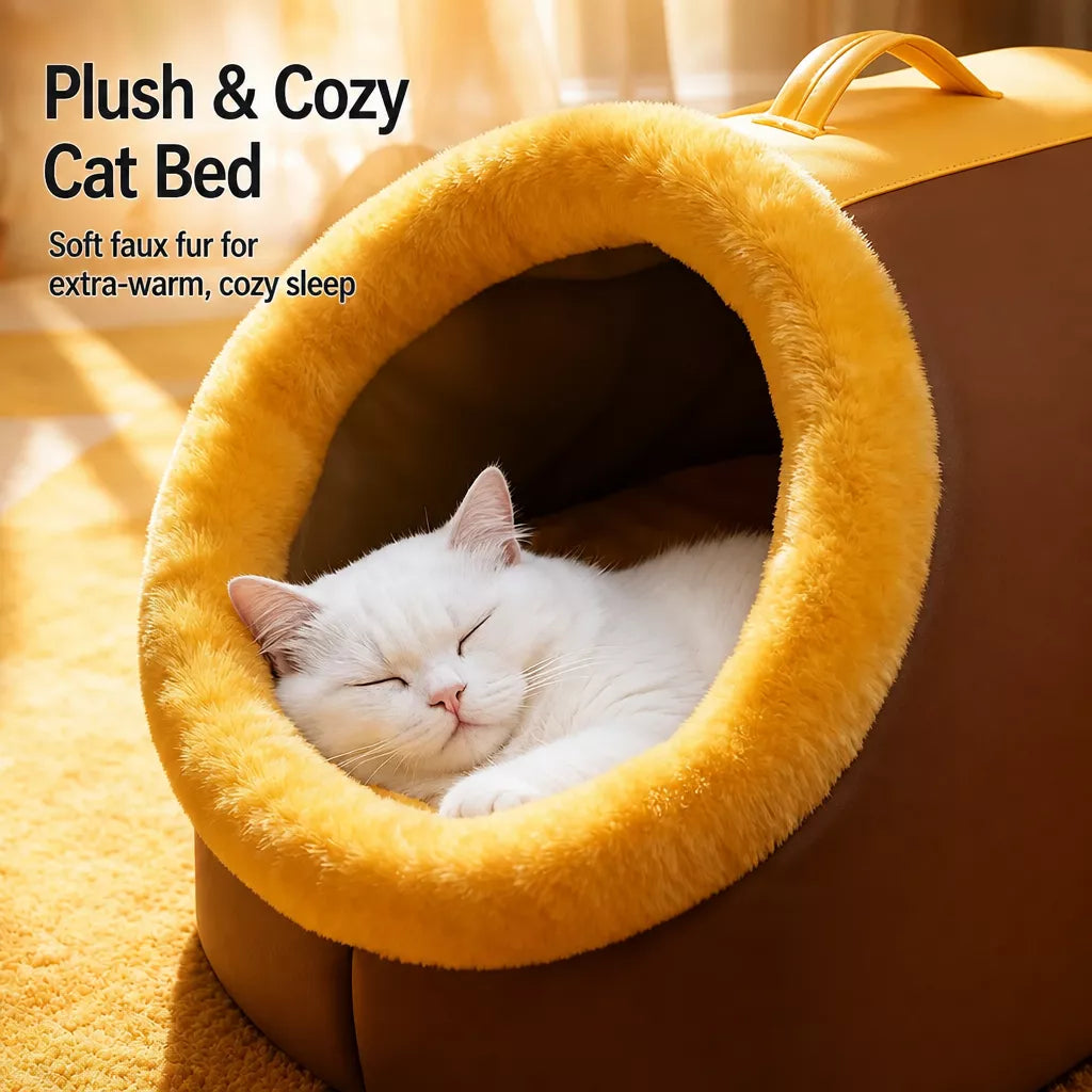 Enclosed Plush Cave Pet Bed for Cats and Small Dogs