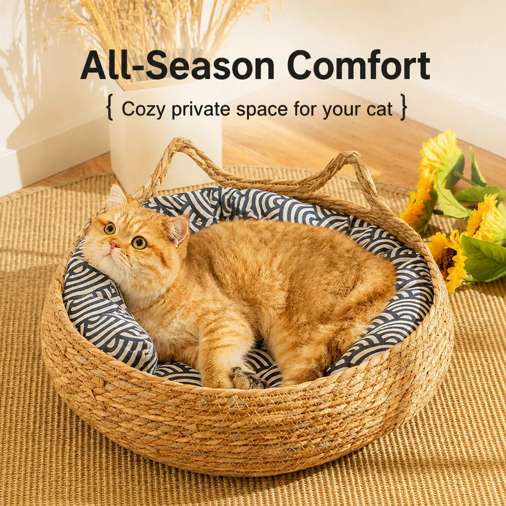 Woven Cat-Ear Pet Bed for Cats and Small Dogs
