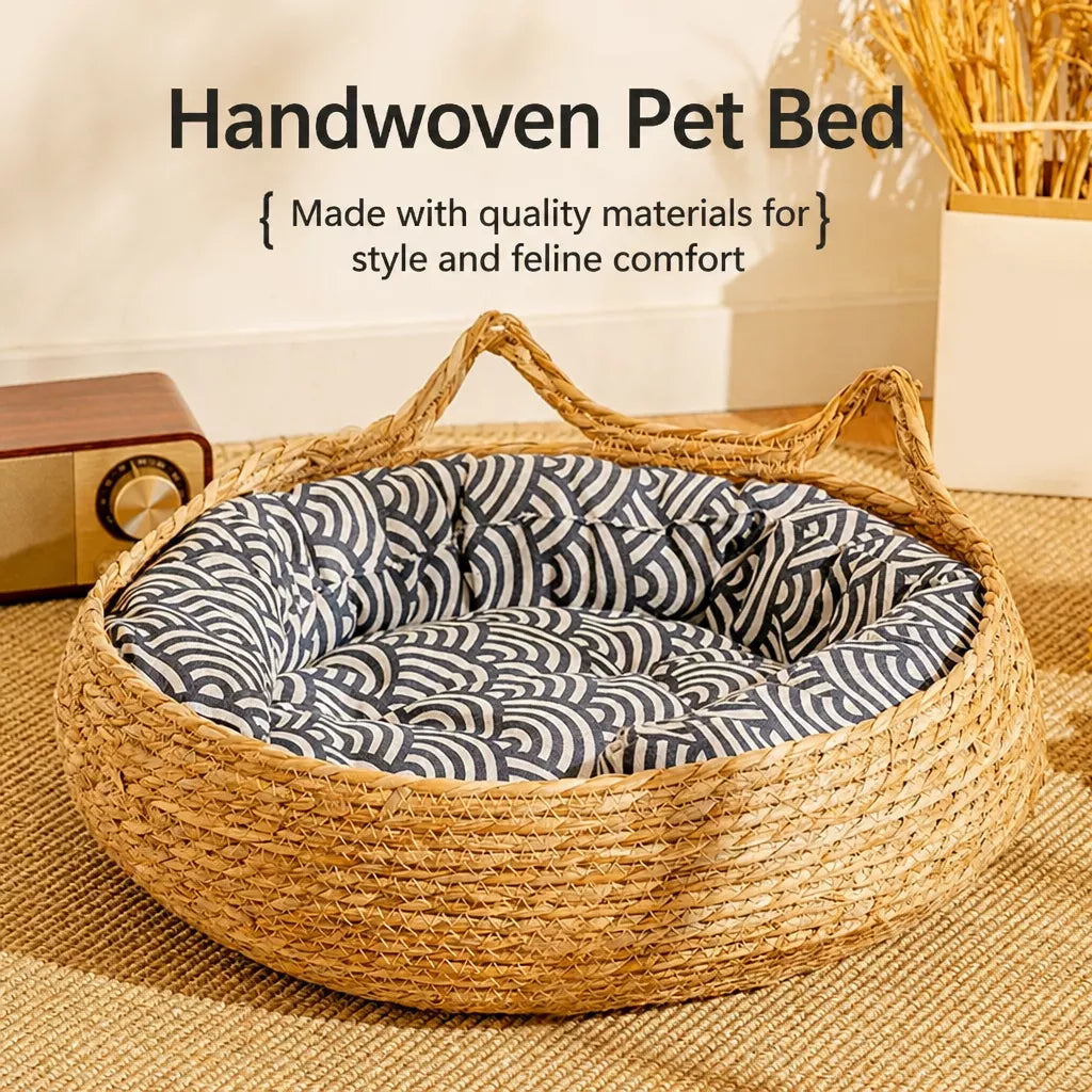 Woven Cat-Ear Pet Bed for Cats and Small Dogs