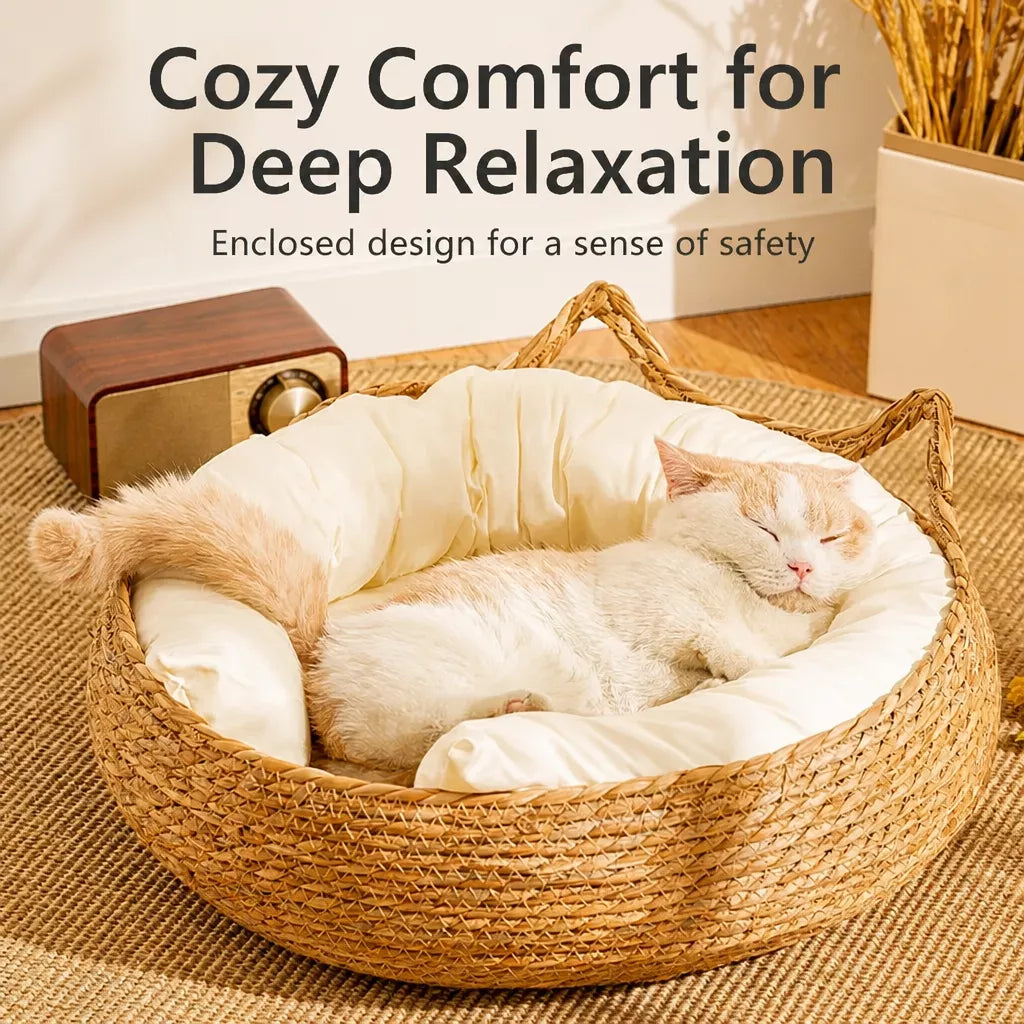 Woven Cat-Ear Pet Bed for Cats and Small Dogs