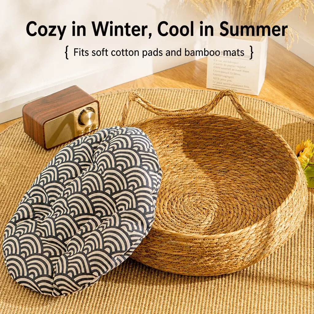 Woven Cat-Ear Pet Bed for Cats and Small Dogs